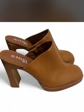 Ruche Tan Leather Sculpted Block Heel Mules